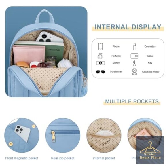 Vegan Leather Quilted Mini Backpack Daypack with Adjustable Straps and Pockets main image 5